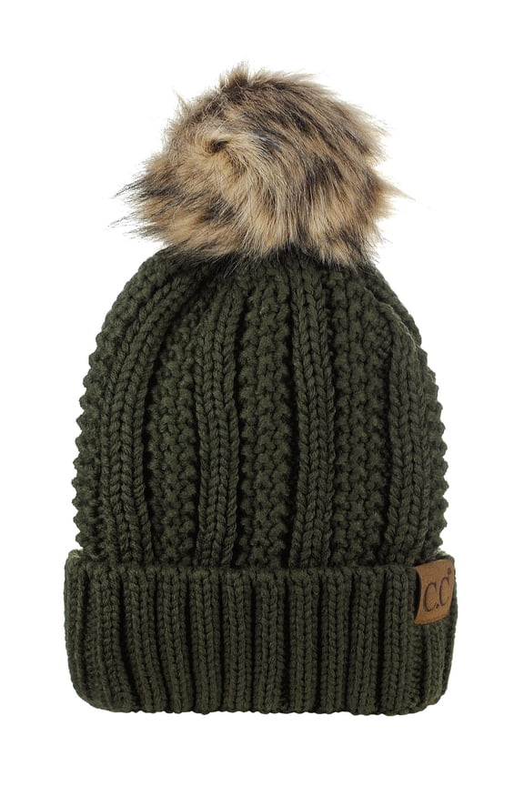 Thick Cable Knit Faux Fuzzy Fur Pom Fleece Lined Skull Cap Cuff Beanie, Dark Olive