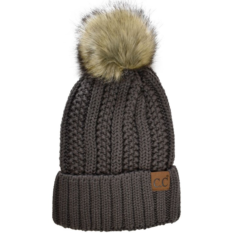 Women\'s Winter Dark Brown Beanie Fleece Lined Skull Faux Fur Pom Cuff Hat Cap Womens Winter Beanie Hat Fleece Lined Warm Skull Cap with  main image 2