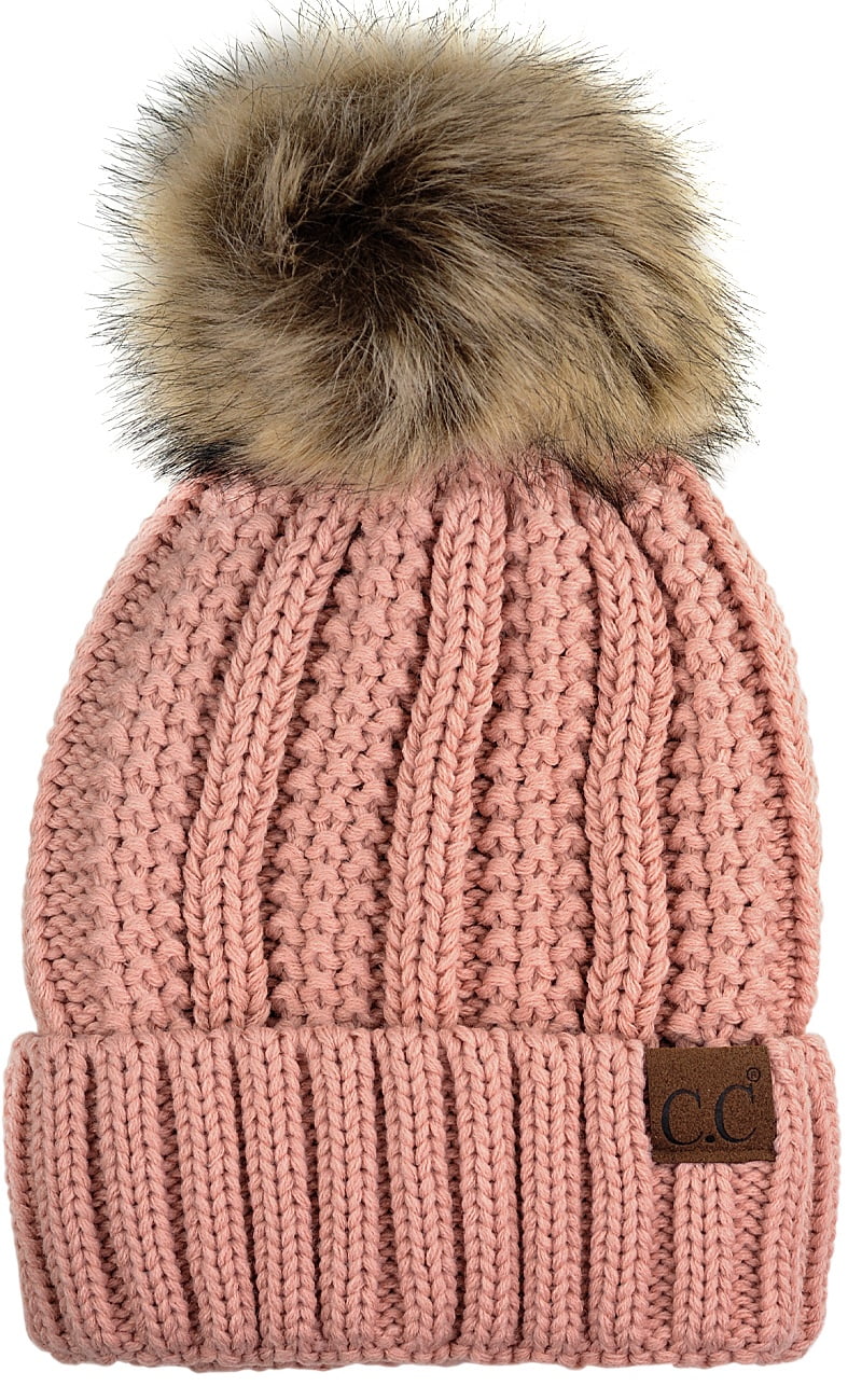 Women\'s Winter Dark Pink Beanie Fleece Lined Skull Faux Fur Pom Cuff Hat Cap Hot Pink Beanie with Matching Pink Raccoon Pom Pom  main image 4