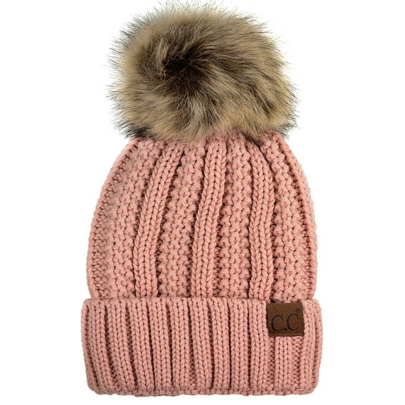 C.C Thick Cable Knit Faux Fuzzy Fur Pom Fleece Lined Skull Cap Cuff Beanie, Indi Pink
