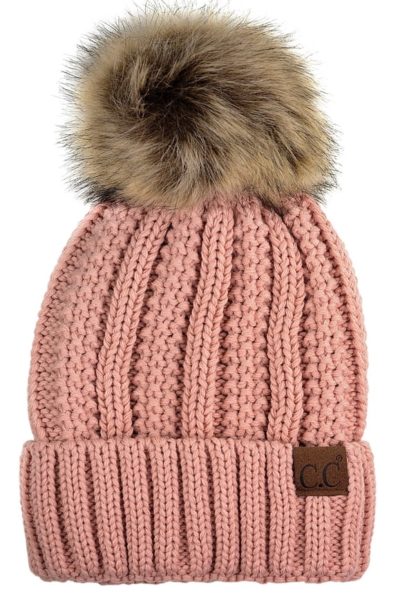 Thick Cable Knit Faux Fuzzy Fur Pom Fleece Lined Skull Cap Cuff Beanie, Indi Pink