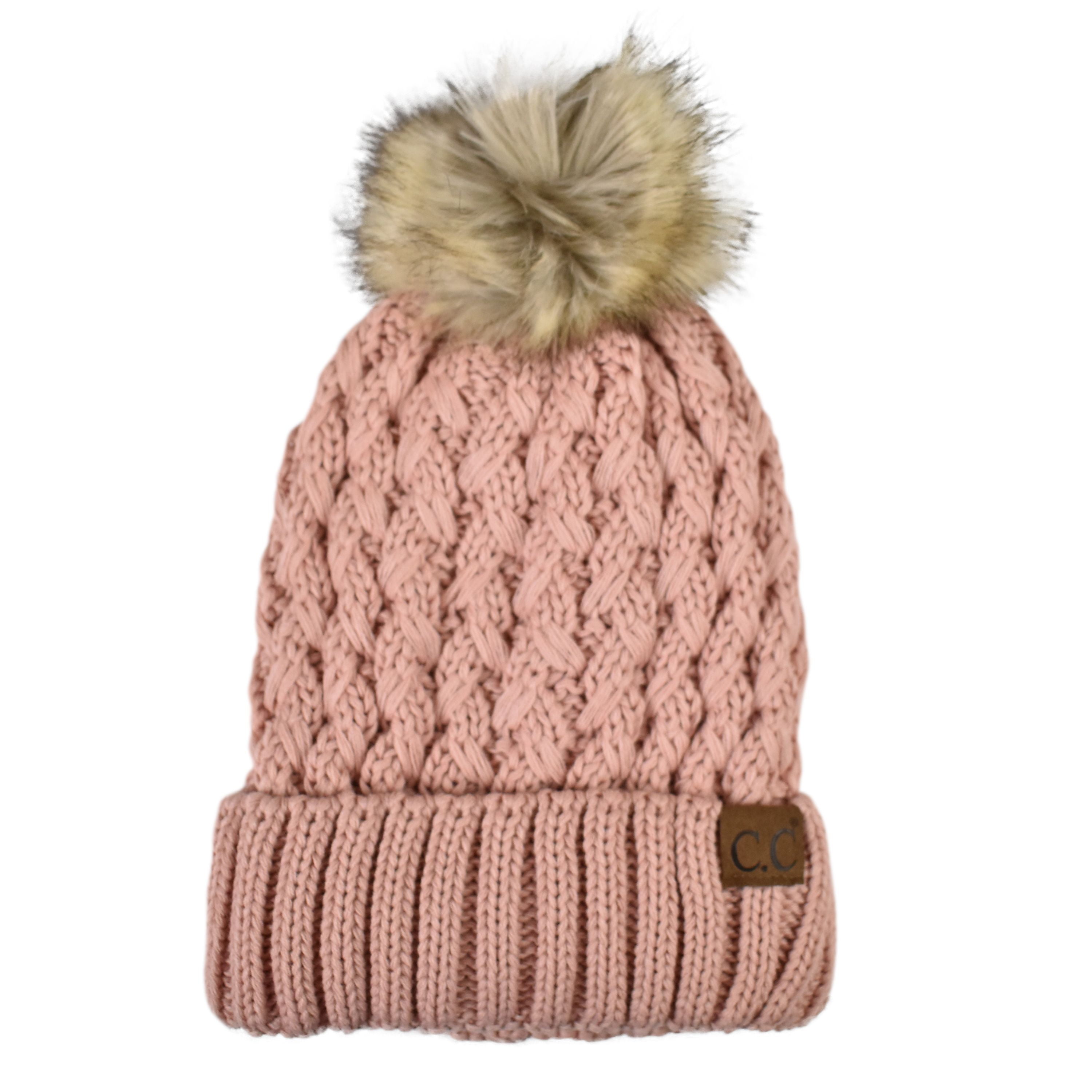 ACCEHUT Faux Fur Pom Beanie Hat For Women - Fleece Lined Warm Winter Skull Cap