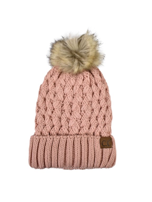 Thick Cable Knit Faux Fuzzy Fur Pom Fleece Lined Skull Cap Cuff Beanie, Lattice Indi Pink