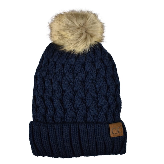 C.C Thick Cable Knit Faux Fuzzy Fur Pom Fleece Lined Skull Cap Cuff Beanie, Lattice Navy