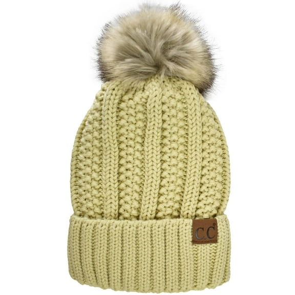 C.C Thick Cable Knit Faux Fuzzy Fur Pom Fleece Lined Skull Cap Cuff Beanie, Lemonade