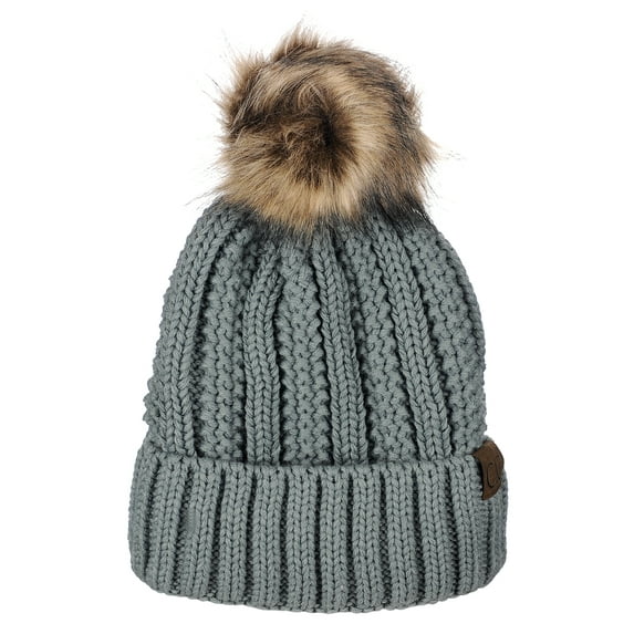 C.C Thick Cable Knit Faux Fuzzy Fur Pom Fleece Lined Skull Cap Cuff Beanie, Natural Gray
