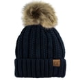 thumbnail image 1 of C.C Thick Cable Knit Faux Fuzzy Fur Pom Fleece Lined Skull Cap Cuff Beanie, Navy, 1 of 4