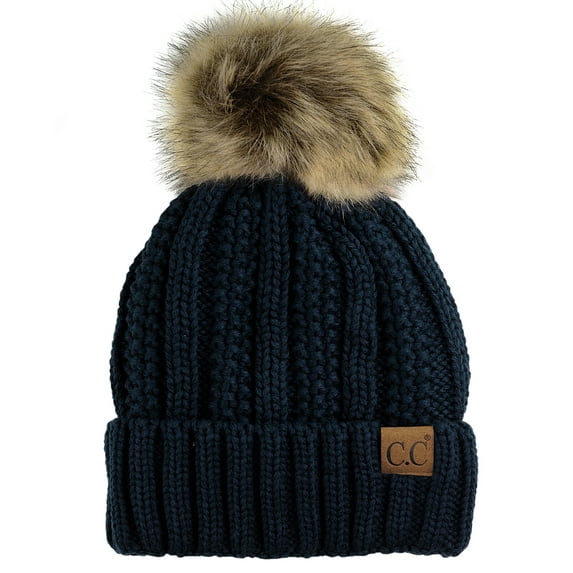 C.C Thick Cable Knit Faux Fuzzy Fur Pom Fleece Lined Skull Cap Cuff Beanie, Navy