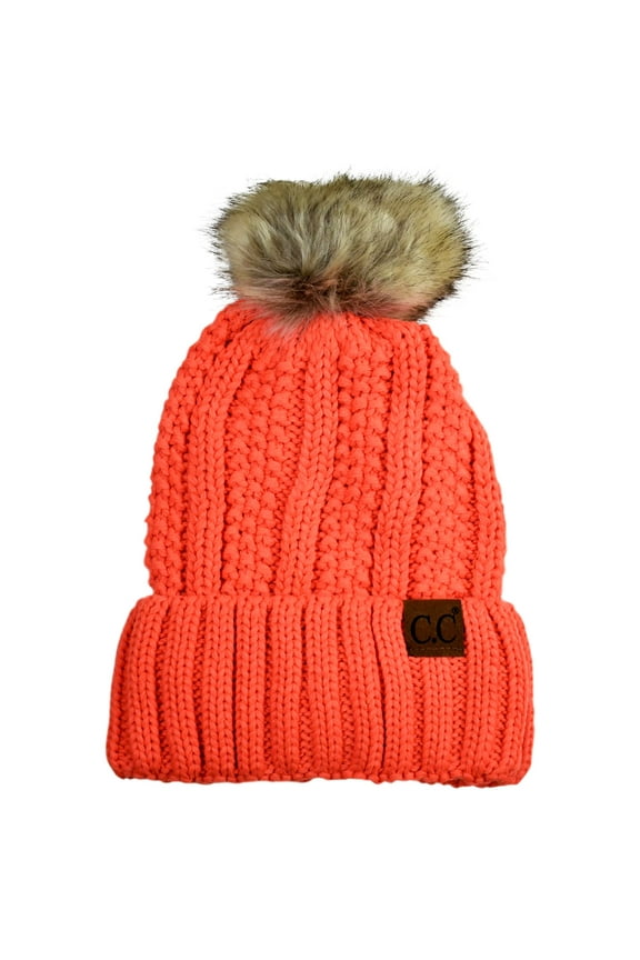Thick Cable Knit Faux Fuzzy Fur Pom Fleece Lined Skull Cap Cuff Beanie, Neon Orange