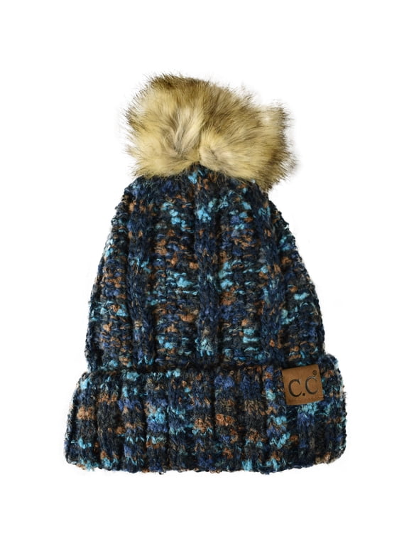 Thick Cable Knit Faux Fuzzy Fur Pom Fleece Lined Skull Cap Cuff Beanie, Popcorn Confetti Navy