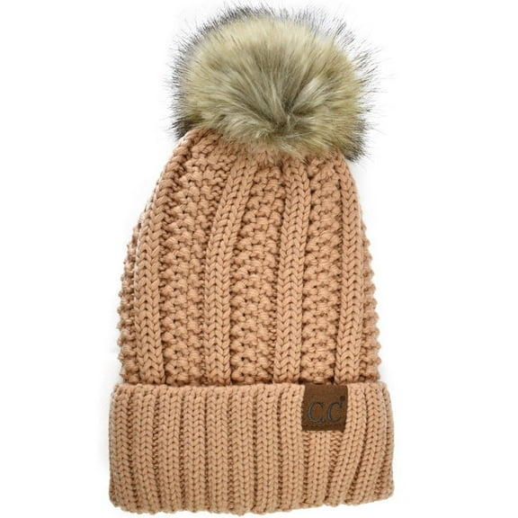 C.C Thick Cable Knit Faux Fuzzy Fur Pom Fleece Lined Skull Cap Cuff Beanie, Sand
