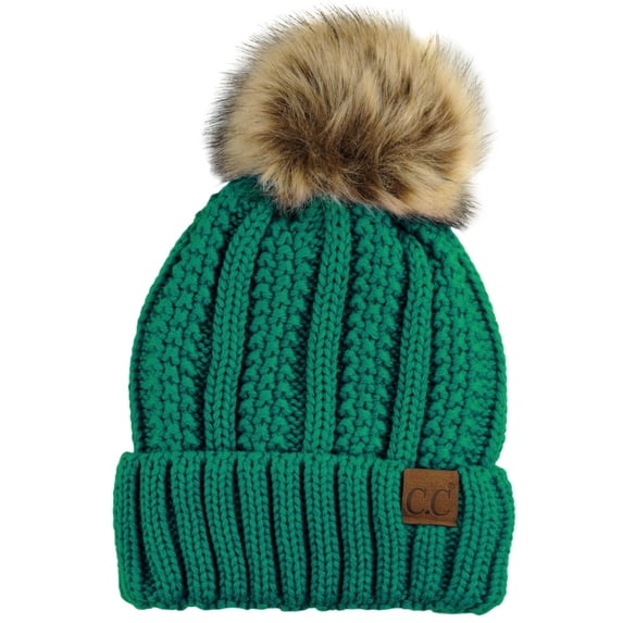 C.C Thick Cable Knit Faux Fuzzy Fur Pom Fleece Lined Skull Cap Cuff Beanie, Sea Green