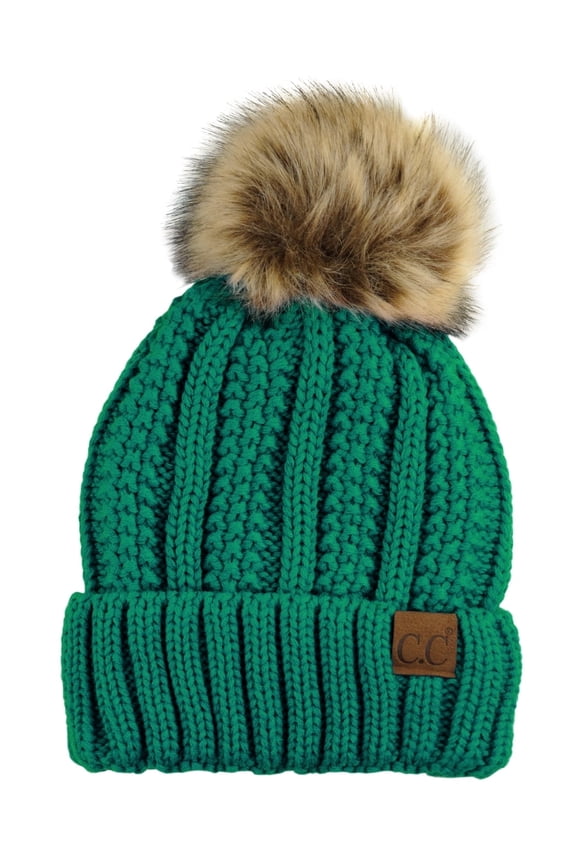Thick Cable Knit Faux Fuzzy Fur Pom Fleece Lined Skull Cap Cuff Beanie, Sea Green