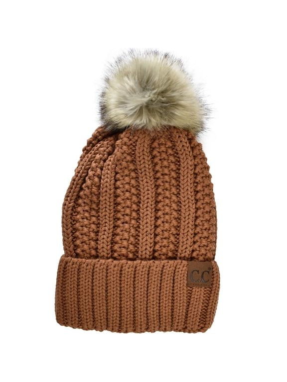 Thick Cable Knit Faux Fuzzy Fur Pom Fleece Lined Skull Cap Cuff Beanie, Toast Almond