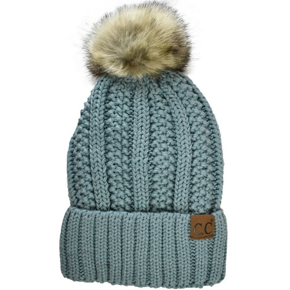 C.C Thick Cable Knit Faux Fuzzy Fur Pom Fleece Lined Skull Cap Cuff Beanie, Winter Mint
