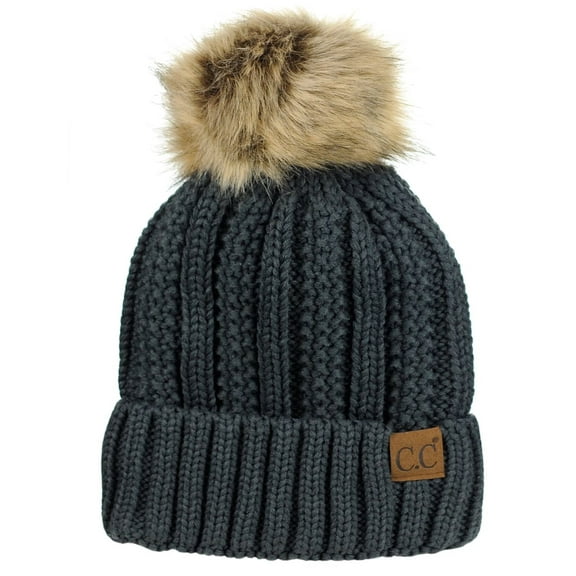 C.C Thick Cable Knit Faux Fuzzy Pom Fleece Lined Skull Cap Cuff Beanie, Dark Melange Gray