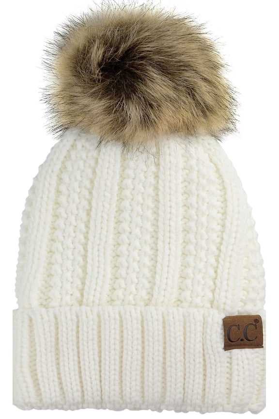 Thick Cable Knit Faux Fuzzy Pom Fleece Lined Skull Cap Cuff Beanie, Ivory