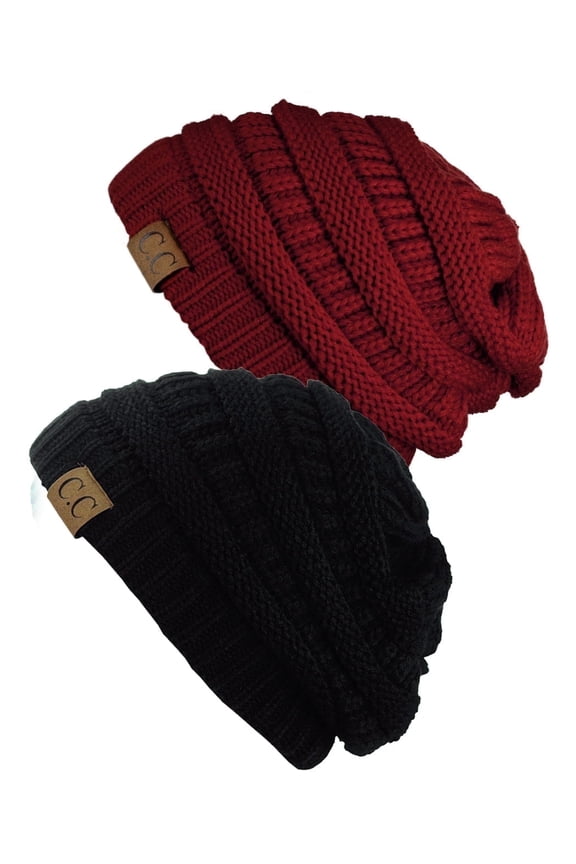Trendy Warm Chunky Soft Stretch Cable Knit Beanie Skully, 2 Pack Black/Burgundy
