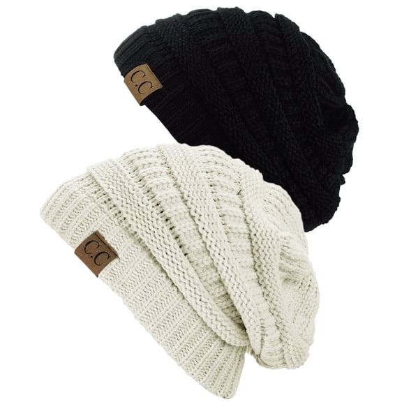 C.C Trendy Warm Chunky Soft Stretch Cable Knit Beanie Skully, 2 Pack Black/Ivory