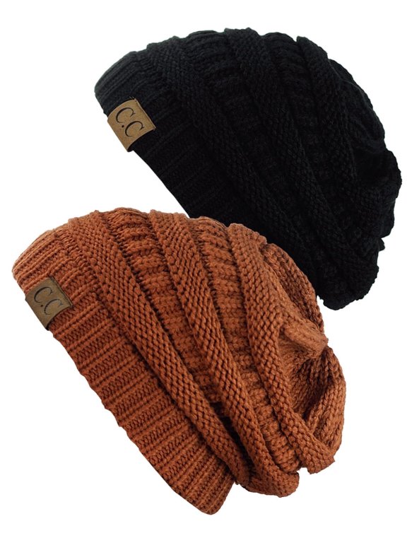 Trendy Warm Chunky Soft Stretch Cable Knit Beanie Skully, 2 Pack Black/Rust