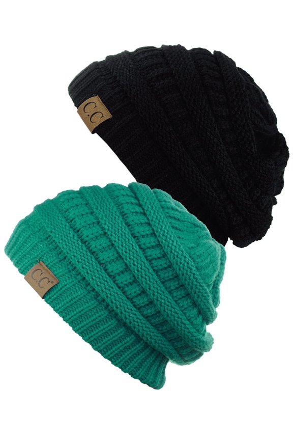 Trendy Warm Chunky Soft Stretch Cable Knit Beanie Skully, 2 Pack Black/Sea Green