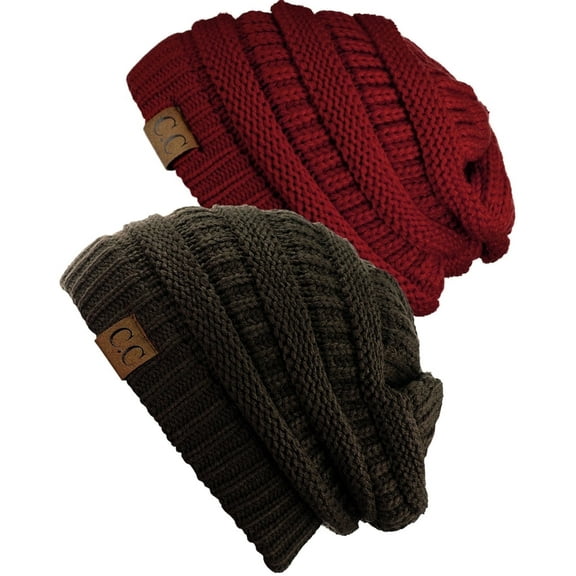 C.C Trendy Warm Chunky Soft Stretch Cable Knit Beanie Skully, 2 Pack Burgundy/Brown