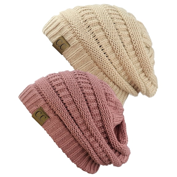 C.C Trendy Warm Chunky Soft Stretch Cable Knit Beanie Skully, 2 Pack Dark Beige/Mauve