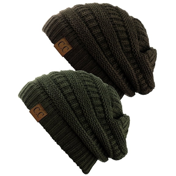 C.C Trendy Warm Chunky Soft Stretch Cable Knit Beanie Skully, 2 Pack Dark Olive/Brown