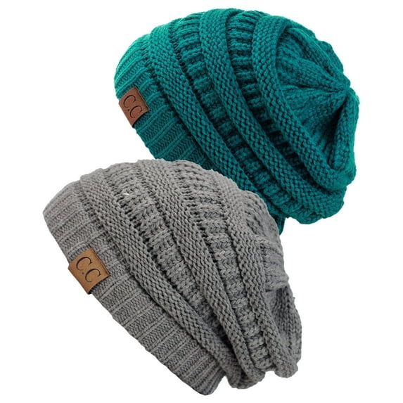 C.C Trendy Warm Chunky Soft Stretch Cable Knit Beanie Skully, 2 Pack Teal/Light Melange Gray