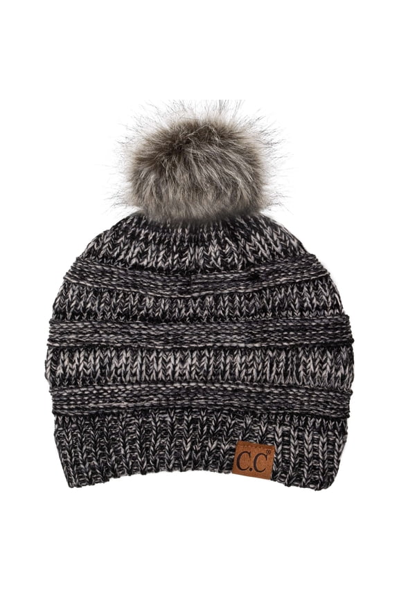 Trendy Warm Chunky Soft Stretch Cable Knit Beanie Skully, 3 Tone Grey Pom