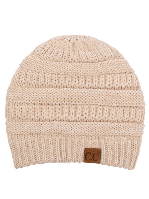 Trendy Warm Chunky Soft Stretch Cable Knit Beanie Skully, Beige/Ivory