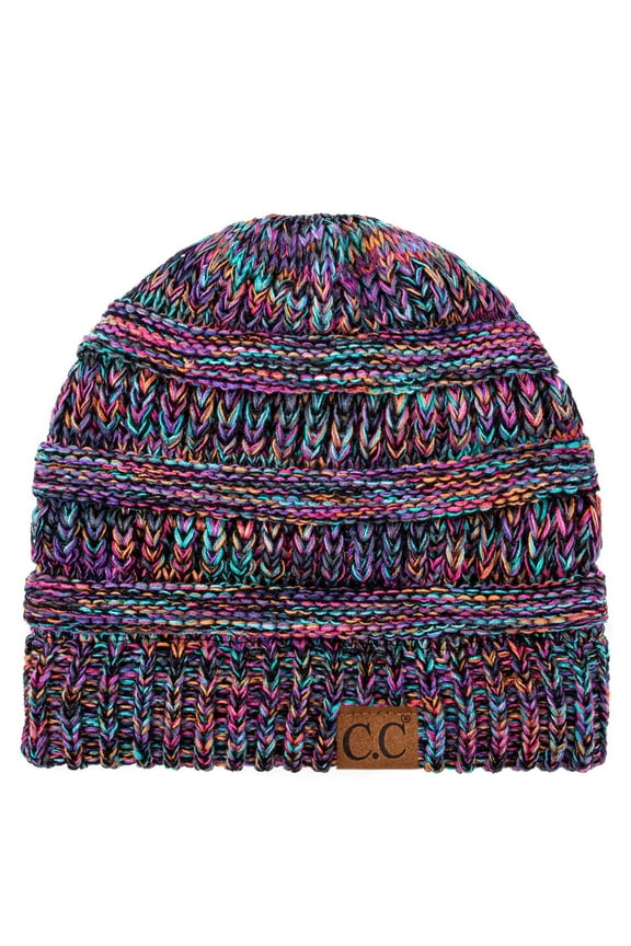 Trendy Warm Chunky Soft Stretch Cable Knit Beanie Skully, Black Multi