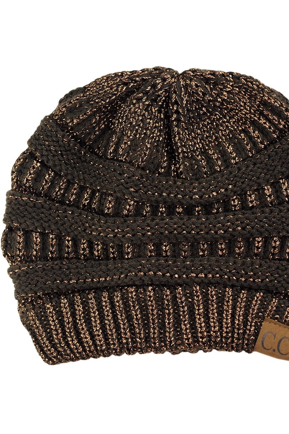 Trendy Warm Chunky Soft Stretch Cable Knit Beanie Skully, Brown Metallic