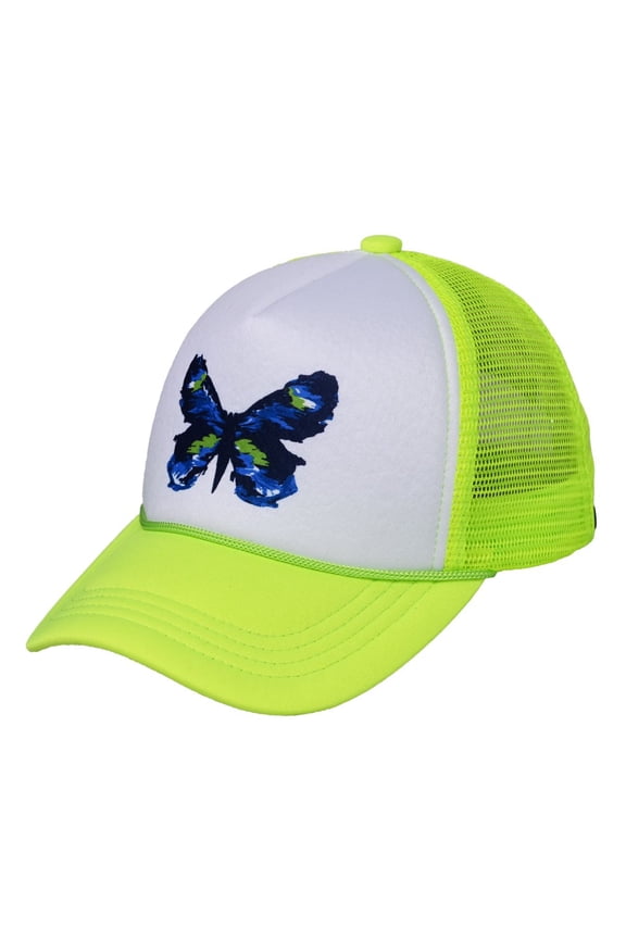 Trucker Mesh Adjustable Snapback Baseball Cap, Abstract Blue Butterfly, Neon Yellow