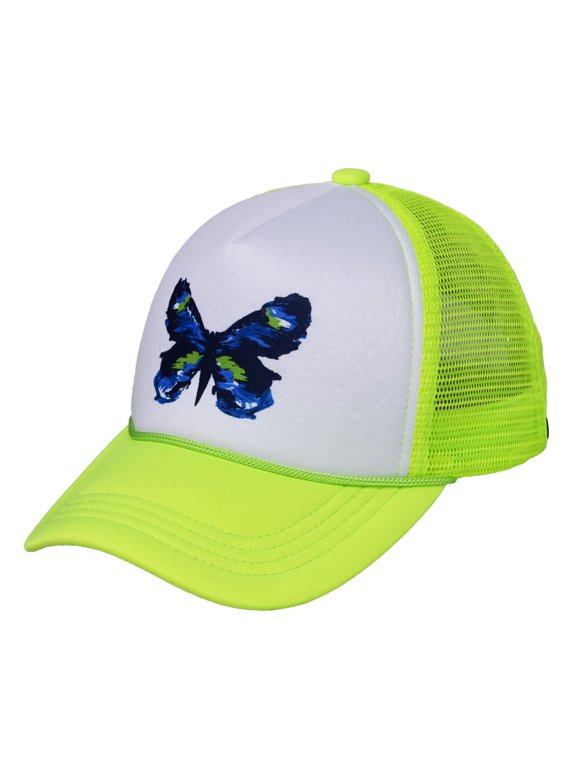 Trucker Mesh Adjustable Snapback Baseball Cap, Abstract Blue Butterfly, Neon Yellow