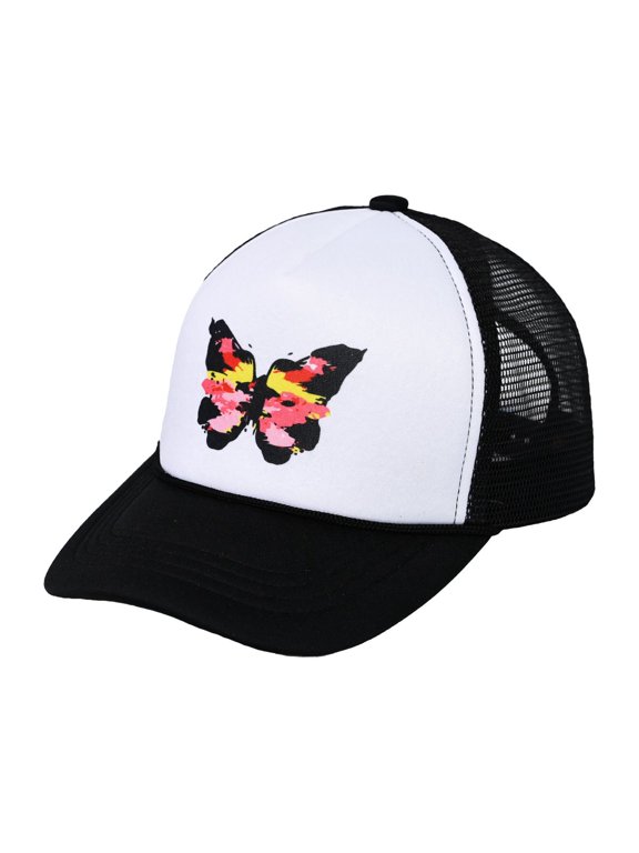 Trucker Mesh Adjustable Snapback Baseball Cap, Abstract Pink Butterfly, Black