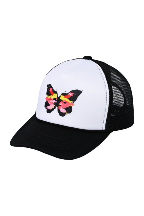 Trucker Mesh Adjustable Snapback Baseball Cap, Abstract Pink Butterfly, Black