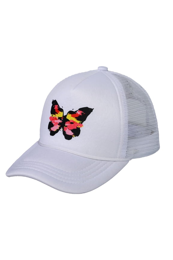 Trucker Mesh Adjustable Snapback Baseball Cap, Abstract Pink Butterfly, White