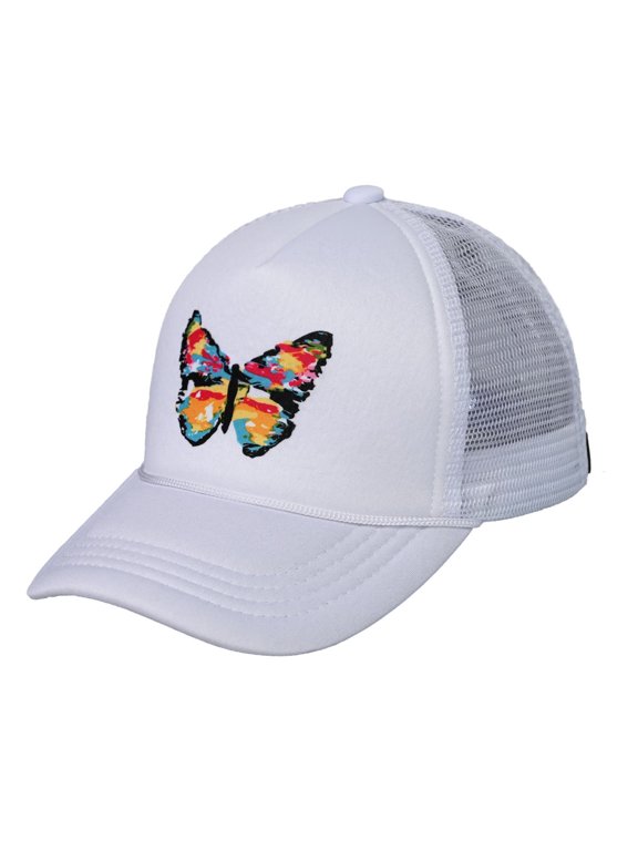 Trucker Mesh Adjustable Snapback Baseball Cap, Abstract Vivid Butterfly, White