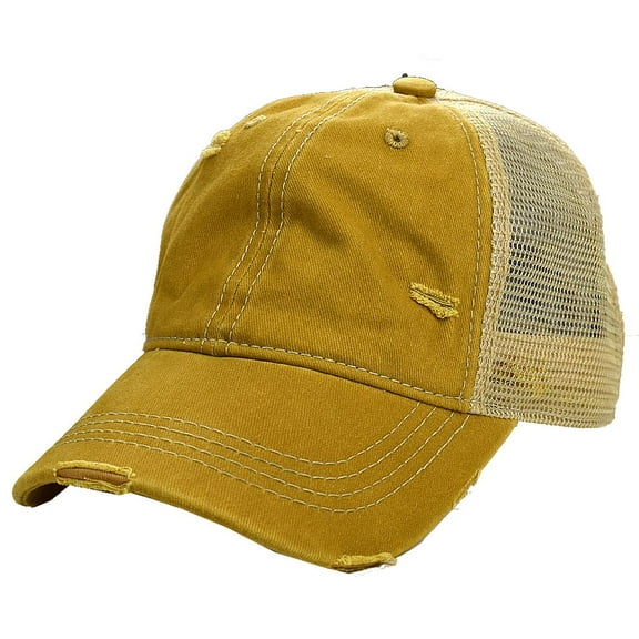 C.C Unisex Adjustable Mesh Distressed Trucker Baseball Cap Hat, Mustard