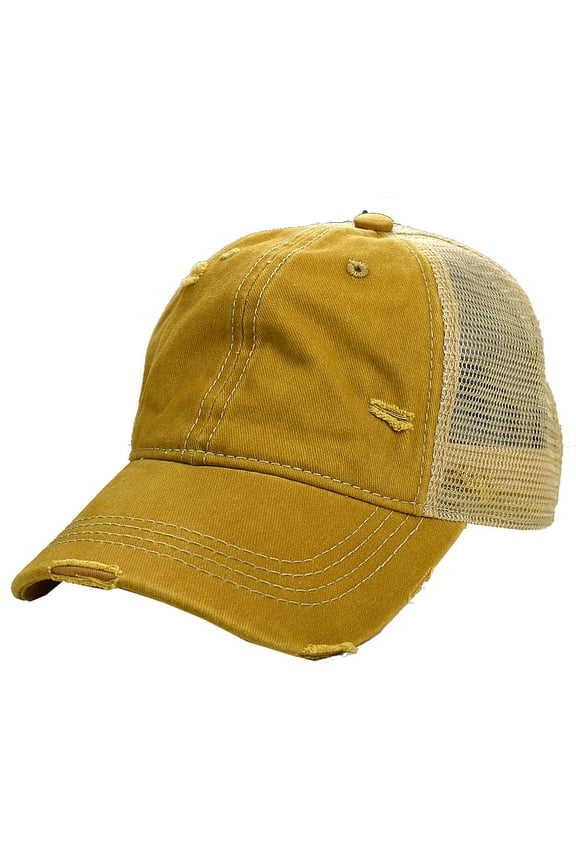 Unisex Adjustable Mesh Distressed Trucker Baseball Cap Hat, Mustard