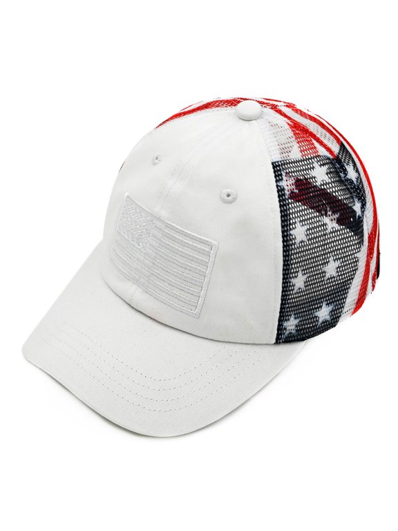 Unisex Adjustable Trucker Baseball Cap Hat, Printed American Flag, White