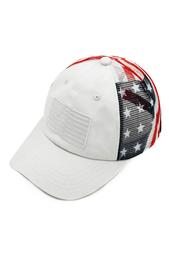 Unisex Adjustable Trucker Baseball Cap Hat, Printed American Flag, White
