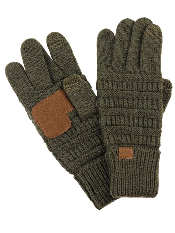 Unisex Cable Knit Inner Lined Anti-Slip Touchscreen Texting Gloves, Dark Olive