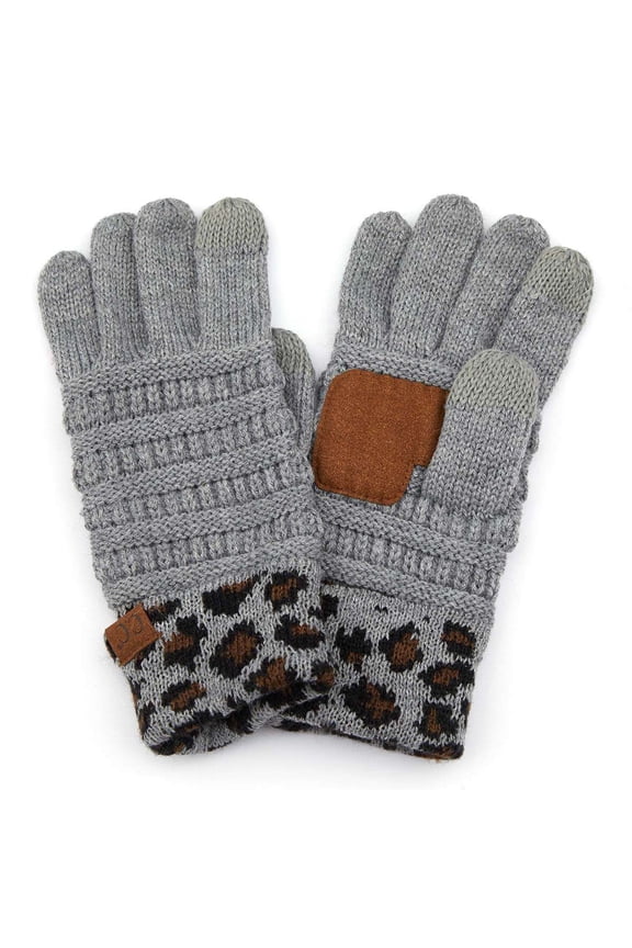 Unisex Cable Knit Winter Warm Anti-Slip Touchscreen Texting Gloves, Leopard Light Melange Gray