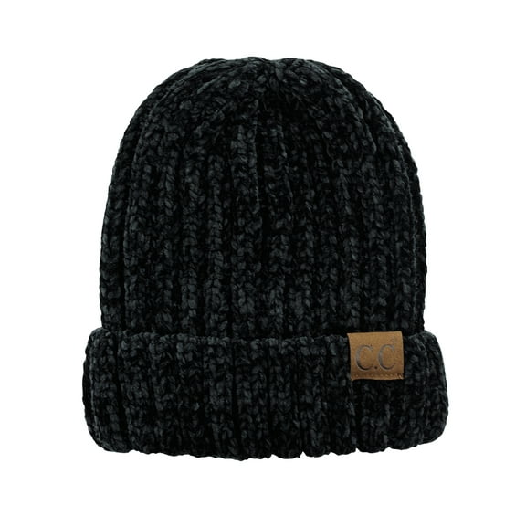 C.C Unisex Chenille Soft Warm Stretchy Thick Cuffed Knit Beanie Cap Hat-Black