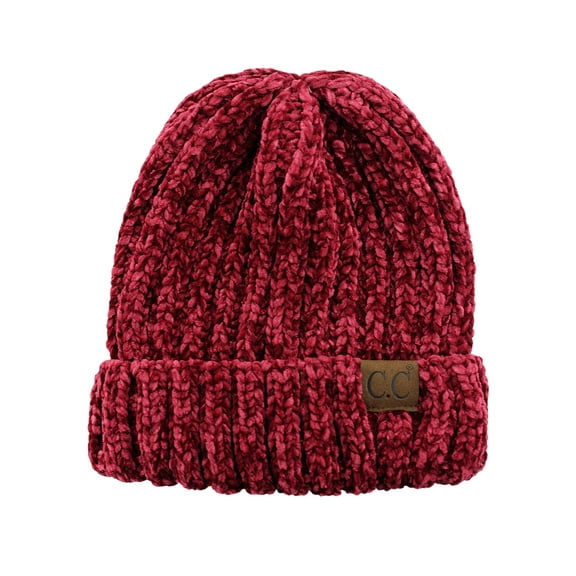 C.C Unisex Chenille Soft Warm Stretchy Thick Cuffed Knit Beanie Cap Hat-Burgundy