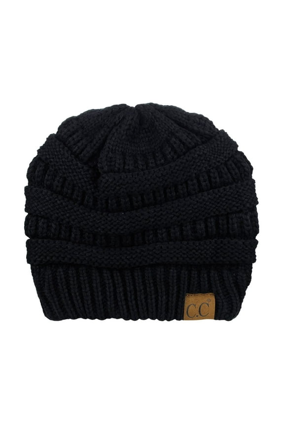 Unisex Chunky Soft Stretch Cable Knit Warm Fuzzy Lined Skully Beanie, Black