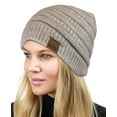 thumbnail image 1 of C.C Unisex Chunky Soft Stretch Cable Knit Warm Fuzzy Lined Skully Beanie, Heather Beige with Hair Tie, 1 of 5