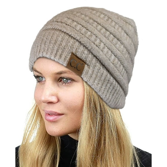 C.C Unisex Chunky Soft Stretch Cable Knit Warm Fuzzy Lined Skully Beanie, Heather Beige with Hair Tie